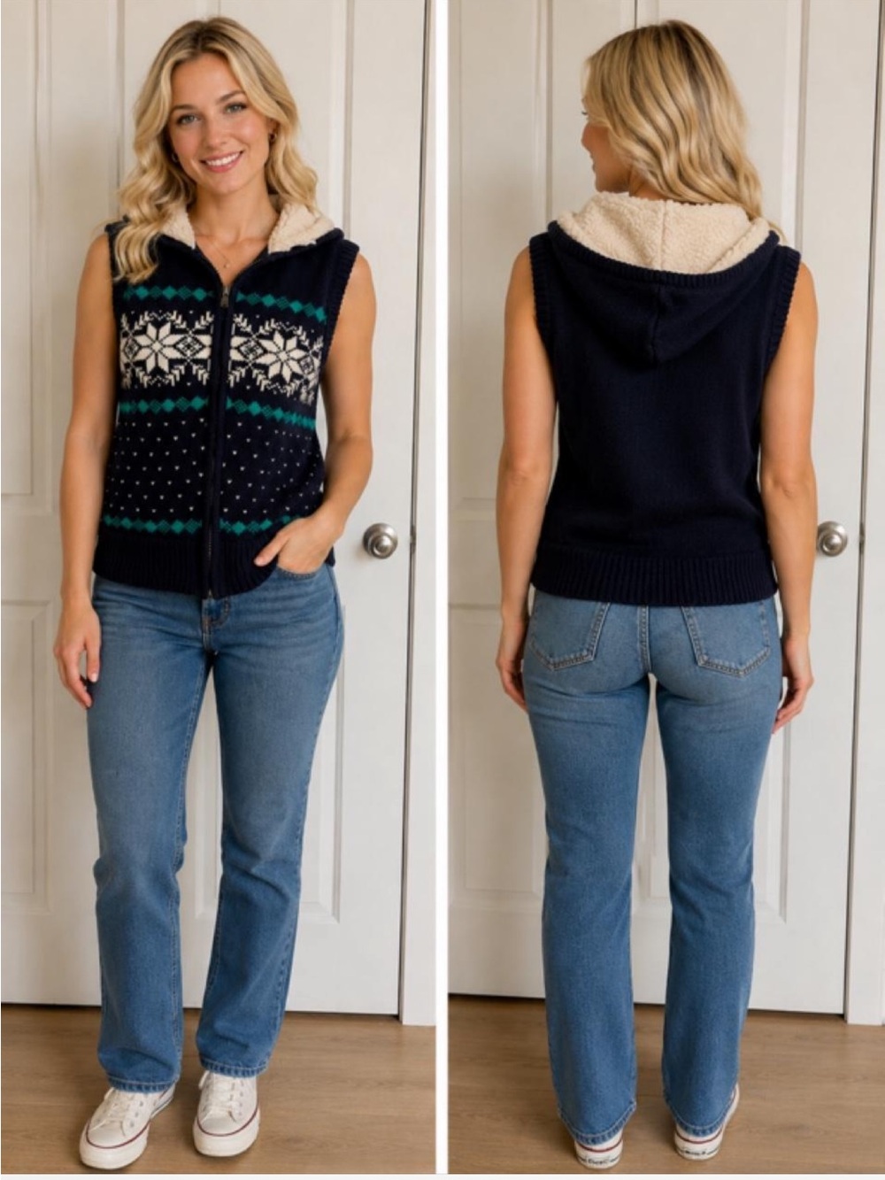 Tiara Navy Fair Isle Hooded Sweater Vest with Cream Sherpa Lined Hood